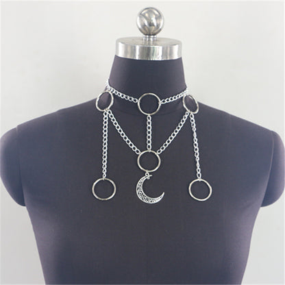 2025  MW2885 2025 necklace fashion alloy hollow crescent small ring pendant metal chain necklace neck jewelry