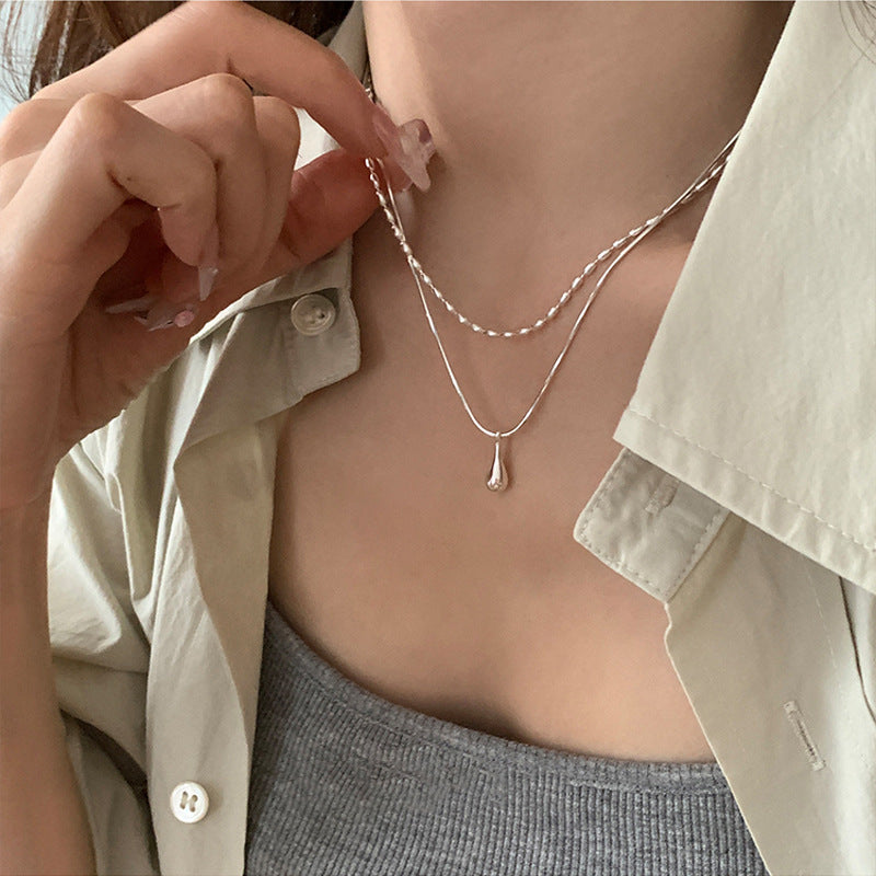 Water Drop Pendant Double-Layer Necklace for Women Niche Design Ins Cold Style Fashionable Simple Temperament Rice Grain Clavicle Chain