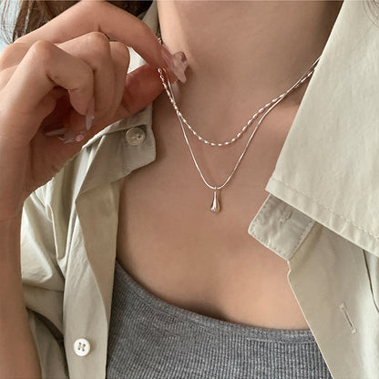 Water Drop Pendant Double-Layer Necklace for Women Niche Design Ins Cold Style Fashionable Simple Temperament Rice Grain Clavicle Chain
