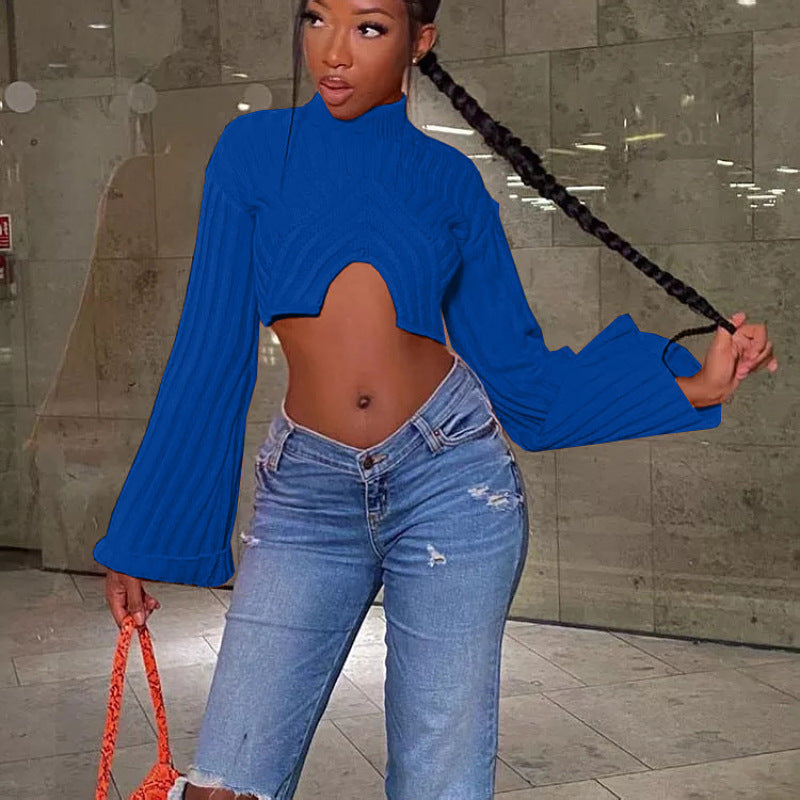 autumn and winter   New lazy style women's clothing sexy exposed navel short long-sleeved pullover sweater women