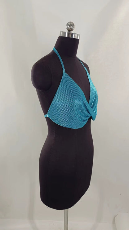 2025  MW3115 2025 vest nightclub sexy rhinestone inlaid bright diamond sequins cross neck chest top small vest
