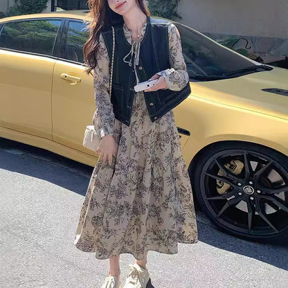 New Chinese ink painting dress set women's 2025 spring clothes new temperament gentle wind denim vest two-piece set