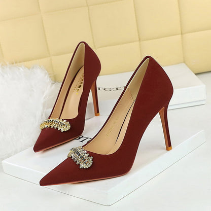 2025 3391-K31  style fashion simple high heels thin heel super high heel shallow mouth pointed tip shining rhinestone buckle single shoes