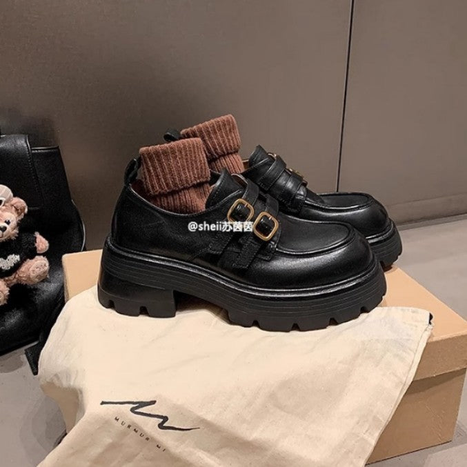 2025 Cowhide version~ Su Yinyin's same style has a height increase of 6cm, washed horse leather, small gold buckle, thick heel and thick sole, Loafu single shoes, women's leather shoes.