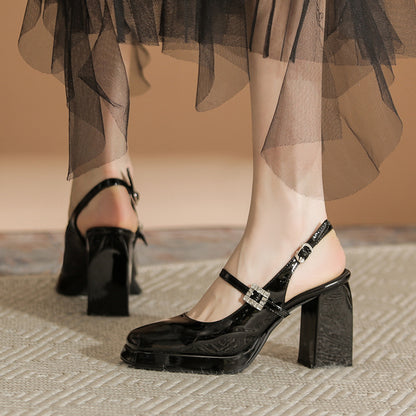 Mary Jane Low-Cut Shoes Chunky Heel Pumps Women's  Retro Ankle-Strap High Heel Sandals Dignified Rhinestone High Heels Women