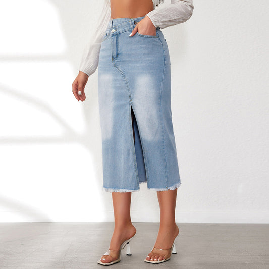 VAKKV Factory direct sales 2025 New medium and long rough edge front split high waist denim skirt women's a-word skirt spot