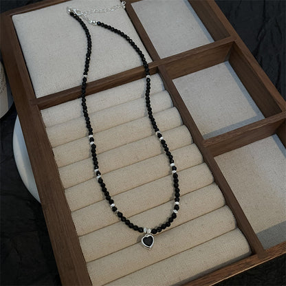 Fashion Black Bead Small Pieces of Silver Necklace Female Temperament Wild Niche Personality High-Grade Clavicle Chain Love Pendant