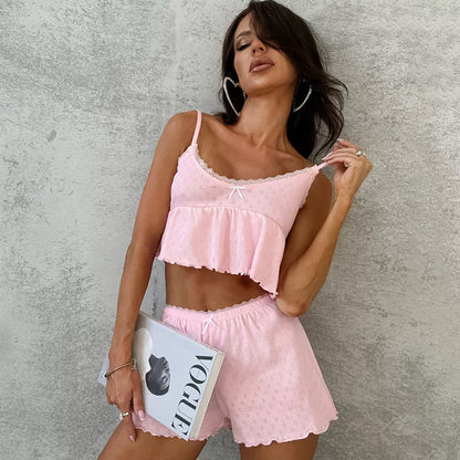 VAKKV 2025 new comfortable and loose two-piece loungewear women's knitted hollow suspender shorts pajamas