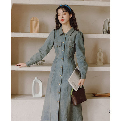 Autumn new retro Hong Kong style POLO collar design single breasted denim dress made of vintage French shirt long skirt