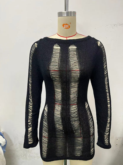 Long Sleeve Hollow-out Backless Dress Sexy Tight Hollowed-out Sheath Woolen  Spring and Summer New European and American Women's Clothing Dress