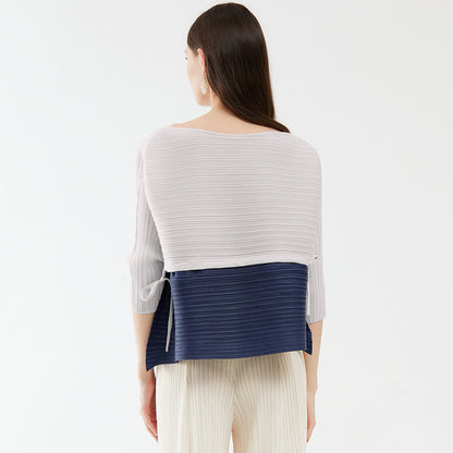 High-end splicing drawstring top, new spring spring loose contrasting color T-shirt, niche design women's clothing
