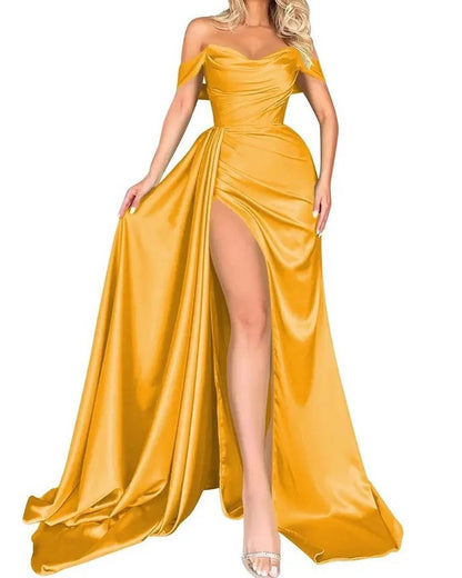 2025 direct sales New Popular trade banquet high split sexy host one-word shoulder thin party evening dress