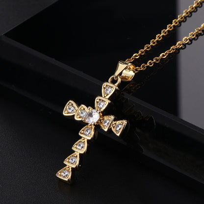 INS Vintage Gold Cross Necklace Personalized Pendant Zircon European and American Style Necklace Special-Interest Design Titanium Steel Clavicle Chain