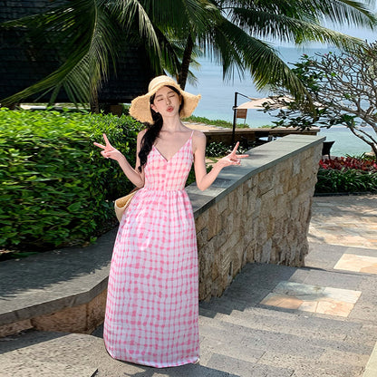 2025 Thailand travel wear beach dress seaside vacation pink plaid suspender dress female sexy backless long skirt