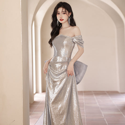 VAKKV Evening Dress off-Shoulder Women's  New High-Grade Spring and Autumn High-End Temperament Annual Meeting Host Dress Noble Sexy