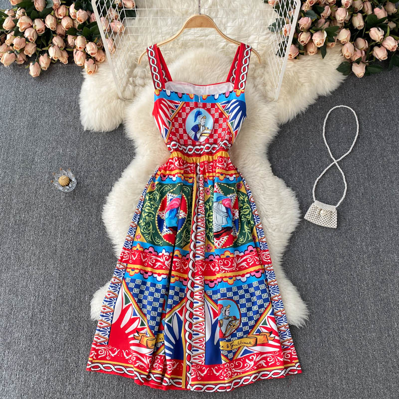 VAKKV Vintage Straps Red Dress Summer Women Holiday Dress P218