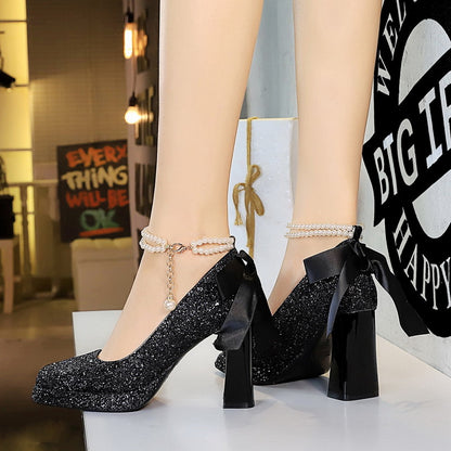 2025 9983-H79TP Korean version sequined pearl one-word strap women's shoes square head shallow mouth thick heel super high heel waterproof table shoes