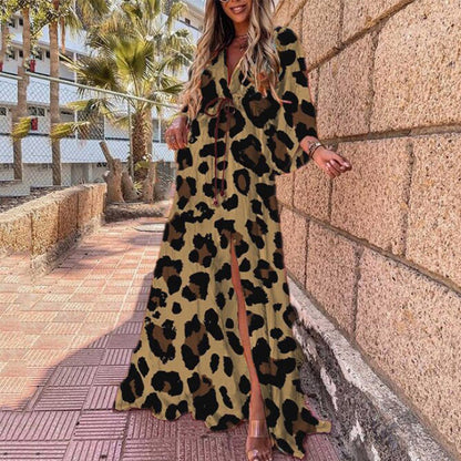 Hot Trade European and American Women's Clothing 2024  Summer New Fashion Printing Loose Lace-up Elegant Big Hem Dress
