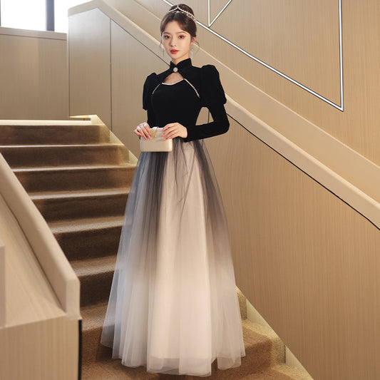 VAKKV Black Banquet Evening Dress for Women  New Art Exam Host Annual Party Dress Autumn and Winter Sense