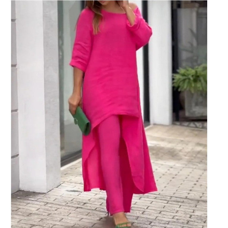 European and American New Women's Clothing Cotton and Linen Fashion Casual plus Size Irregular Long Sleeve Suit Wide Leg Pants Two-Piece Set
