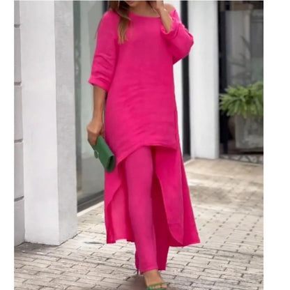 European and American New Women's Clothing Cotton and Linen Fashion Casual plus Size Irregular Long Sleeve Suit Wide Leg Pants Two-Piece Set