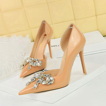 2025 638-AH19  light luxury banquet women's shoes high heel thin heel shallow mouth pointed side hollow rhinestone bow single shoes