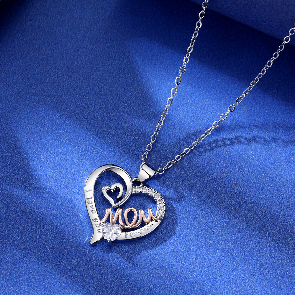 Cross-Border New Arrival Hot Selling HOTan and NEWn Wish  Heart-Shaped Mom Double Love Mother Necklace Diamond Letters Pendant