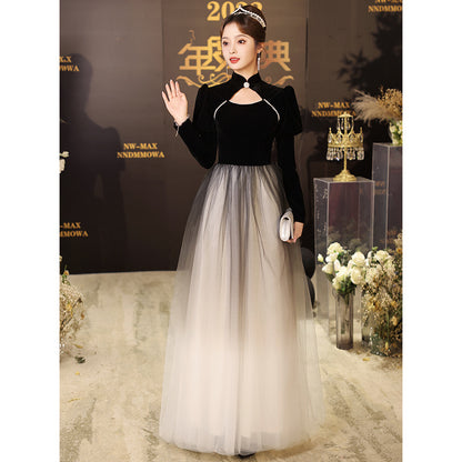 VAKKV Black Banquet Evening Dress for Women  New Art Exam Host Annual Party Dress Autumn and Winter Sense