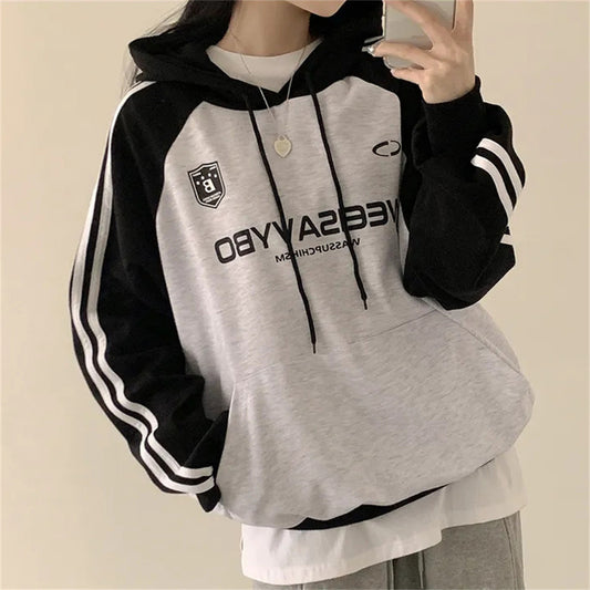 VAKKV Manufacturer 2025n retro Korean version hooded sweater jacket women's spring and autumn oversize thin splicing velvet top