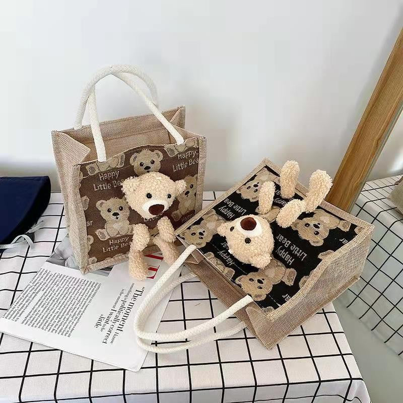 VAKKV Japanese ins cute bear lunch box bento bag  new fashion canvas Internet celebrity cartoon popular tote bag
