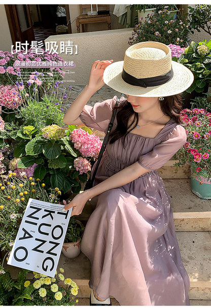 VAKKV  Real Shot  Purple Square-Neck Cinched Slimming Dress Women's  Style Young Elegant Texture Long Skirt