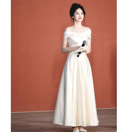 VAKKV Evening Dress off-Shoulder High-End Affordable Luxury Niche  Engagement Dress White License Registration Slim White Dress Summer