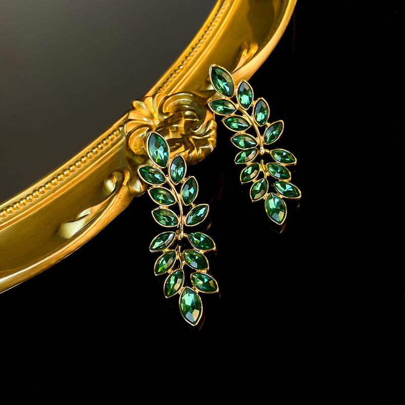 Glass Rhinestone Green Forest Earrings and Necklace Set Light Luxury Middle-Ancient Leaves Clavicle Chain Design Sense Fashion Women