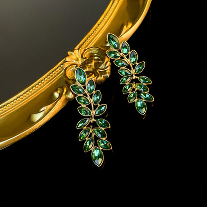 Glass Rhinestone Green Forest Earrings and Necklace Set Light Luxury Middle-Ancient Leaves Clavicle Chain Design Sense Fashion Women