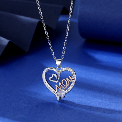 Cross-Border New Arrival Hot Selling HOTan and NEWn Wish  Heart-Shaped Mom Double Love Mother Necklace Diamond Letters Pendant