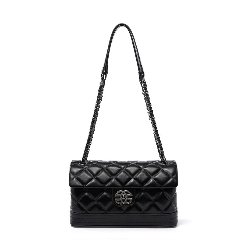 2025 Leather small square bag, first layer cowhide versatile chain women's bag, fashion diamond single shoulder messenger bag