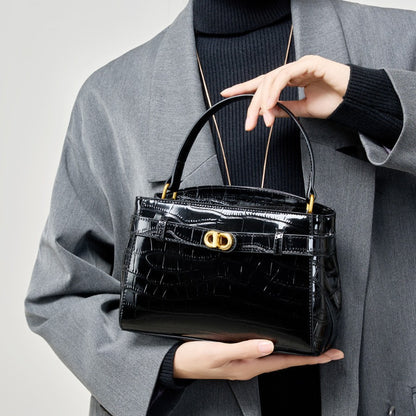 2025 new leather portable Kelly bag crocodile pattern texture commuter shoulder women's bag lock small square bag
