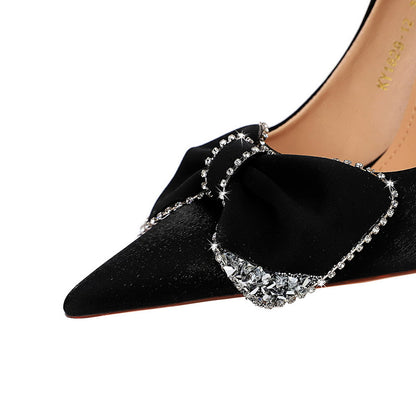 2025 1829-H31  banquet high heels women's shoes metal heel super high heel pointed satin rhinestone bow single shoes