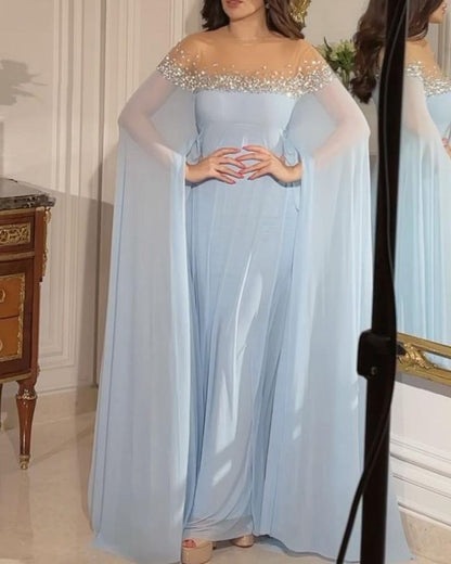 VSKKV Spring and Summer New  Cross Border Middle East Temperament Sexy High Waist Rhinestone Pearl Chiffon Banquet Evening Dress