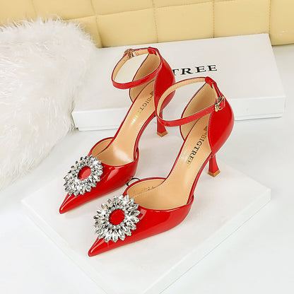 2025 8323-K29  style high heels, shallow mouth pointed head hollow sunflower rhinestone buckle with sandals women's high heels