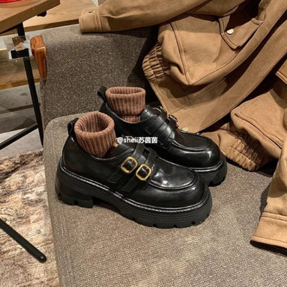 2025 Cowhide version~ Su Yinyin's same style has a height increase of 6cm, washed horse leather, small gold buckle, thick heel and thick sole, Loafu single shoes, women's leather shoes.