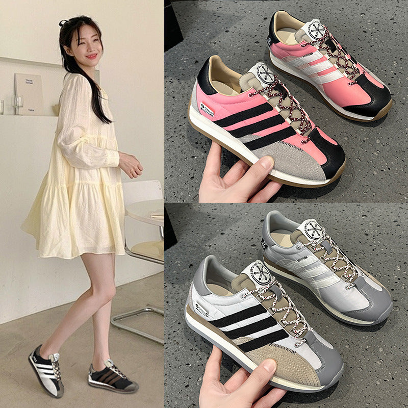 2025 popular new retro style round head color matching lace-up German training shoes women's versatile casual splicing flat-soled Forrest Gump shoes board shoes