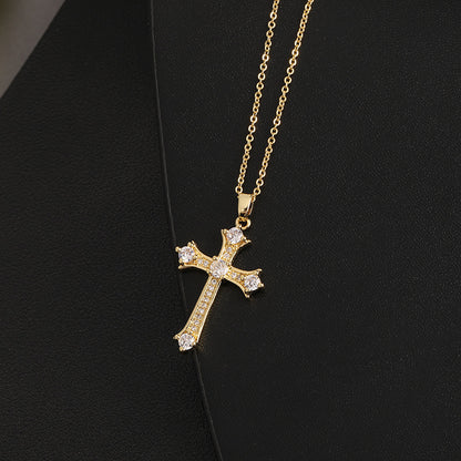 INS Vintage Gold Cross Necklace Personalized Pendant Zircon European and American Style Necklace Special-Interest Design Titanium Steel Clavicle Chain