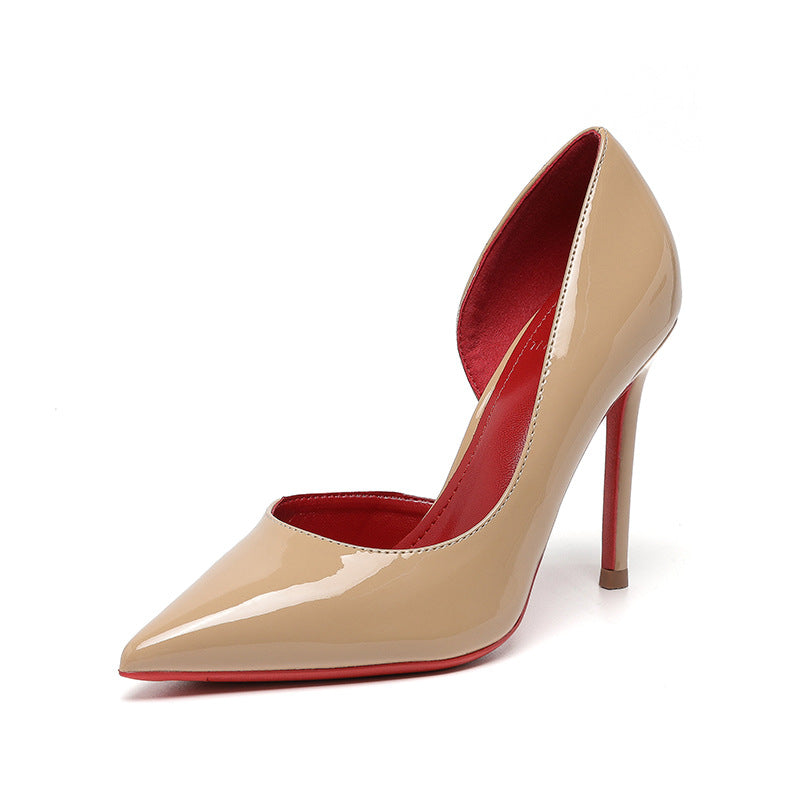 Side Empty Nude High Heels Female  New Girl  Stiletto Heel All-Matching Sexy Pointed Mesh Red Patent Leather Pumps