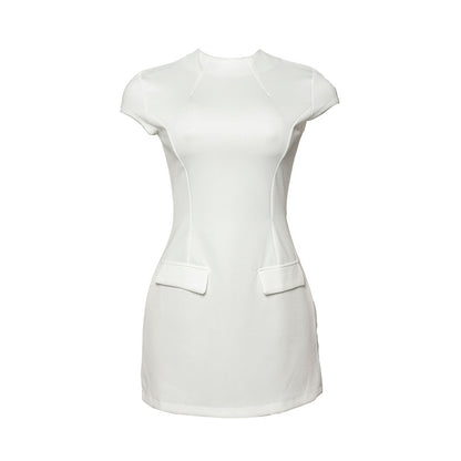 A254ds European and American  Summer New Solid Color round Neck Slim-Fitting Patchwork Short Sleeve Sexy High Waist Short Dress