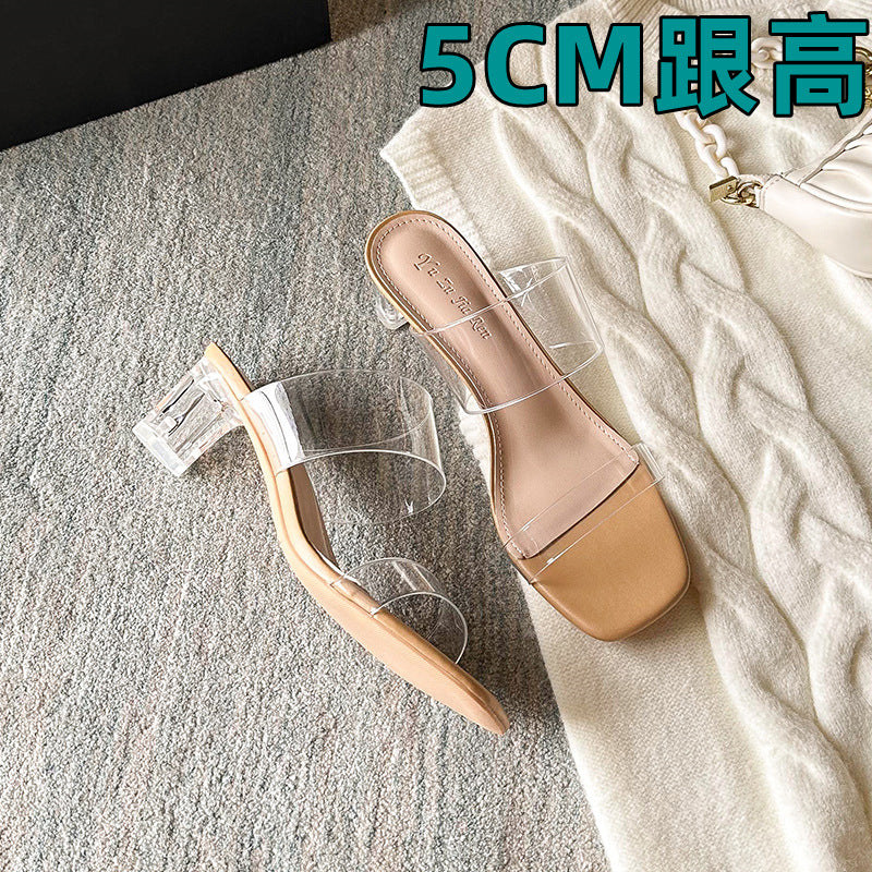 Size 32-Size 43  New Summer New Transparent Ankle-Strap Chunky Heel High Heel Slippers Outdoor Slipper