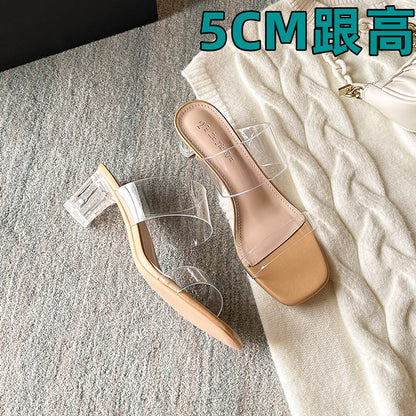 Size 32-Size 43  New Summer New Transparent Ankle-Strap Chunky Heel High Heel Slippers Outdoor Slipper