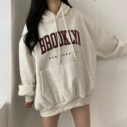 VAKKV Manufacturer tide brand Korean version letter hooded loose spring autumn and winter sweater women's medium and long velvet Japanese solid color lazy thin