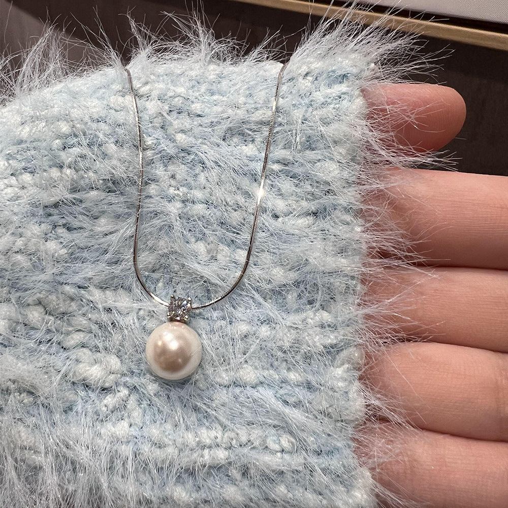 S925 Sterling Silver Diana Single Pearl Necklace Inlaid Zirconium Perfect Circle Shijia Pearl Pendant Small Red Book Blogger Same Style