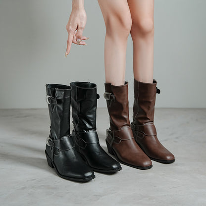 2025 Cowhide version~ Su Yinyin has the same British square head metal buckle thick heel western short boots women's Chelsea Martin boots